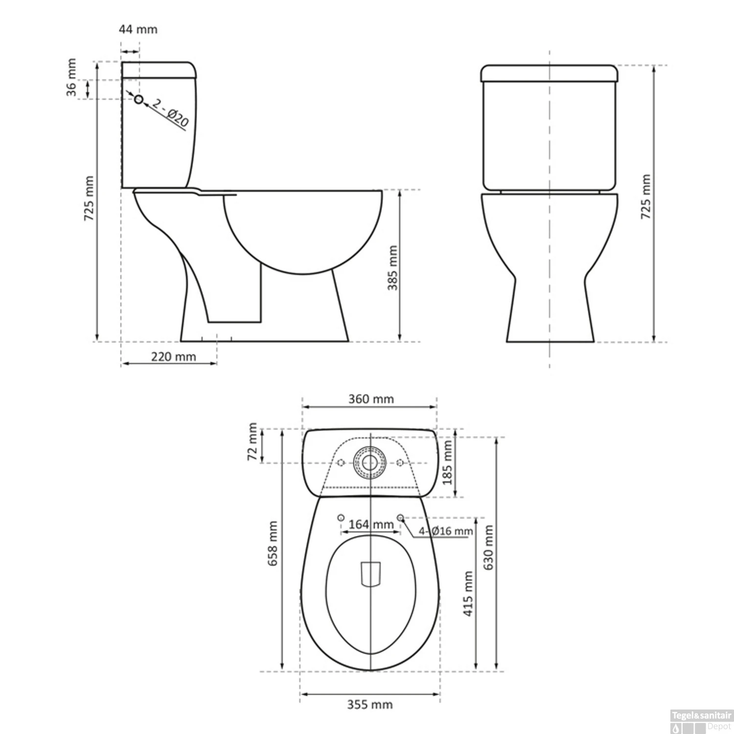 Toiletpot Differnz Staand Met AO Uitgang Inclusief Toiletbril Wit - Afbeelding 5