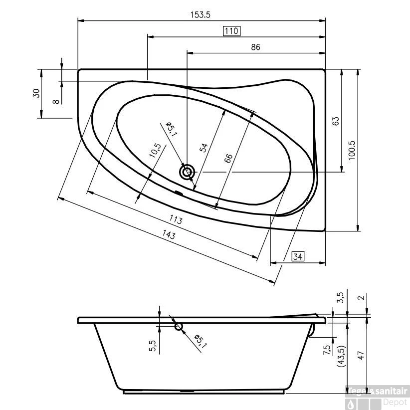 Ligbad Riho Lyra 153 X 100 Cm LINKS Wit - Afbeelding 2