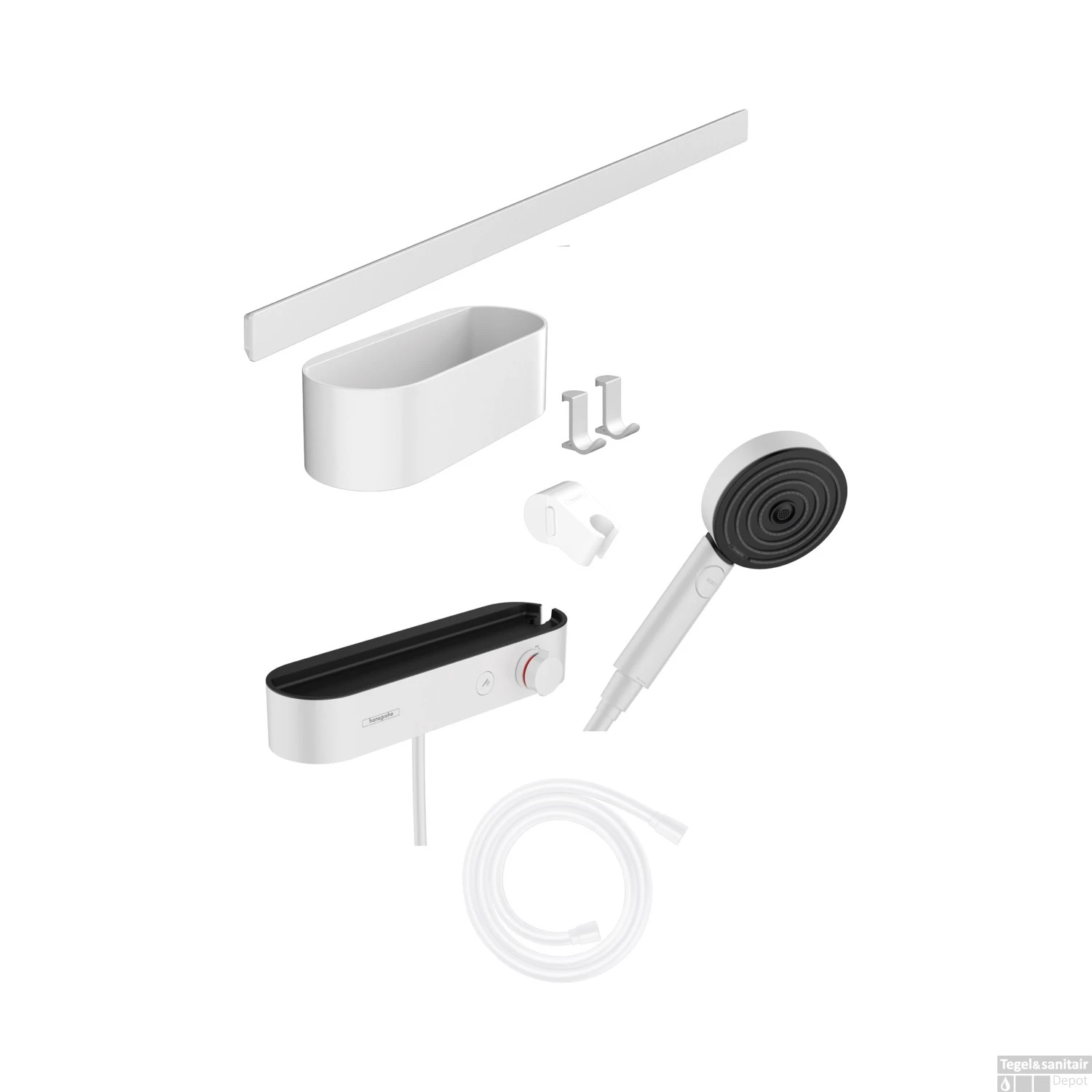 Bundelset Handdouche HansGrohe WallStoris Thermostaat Glijstang En Opbergset Mat Wit