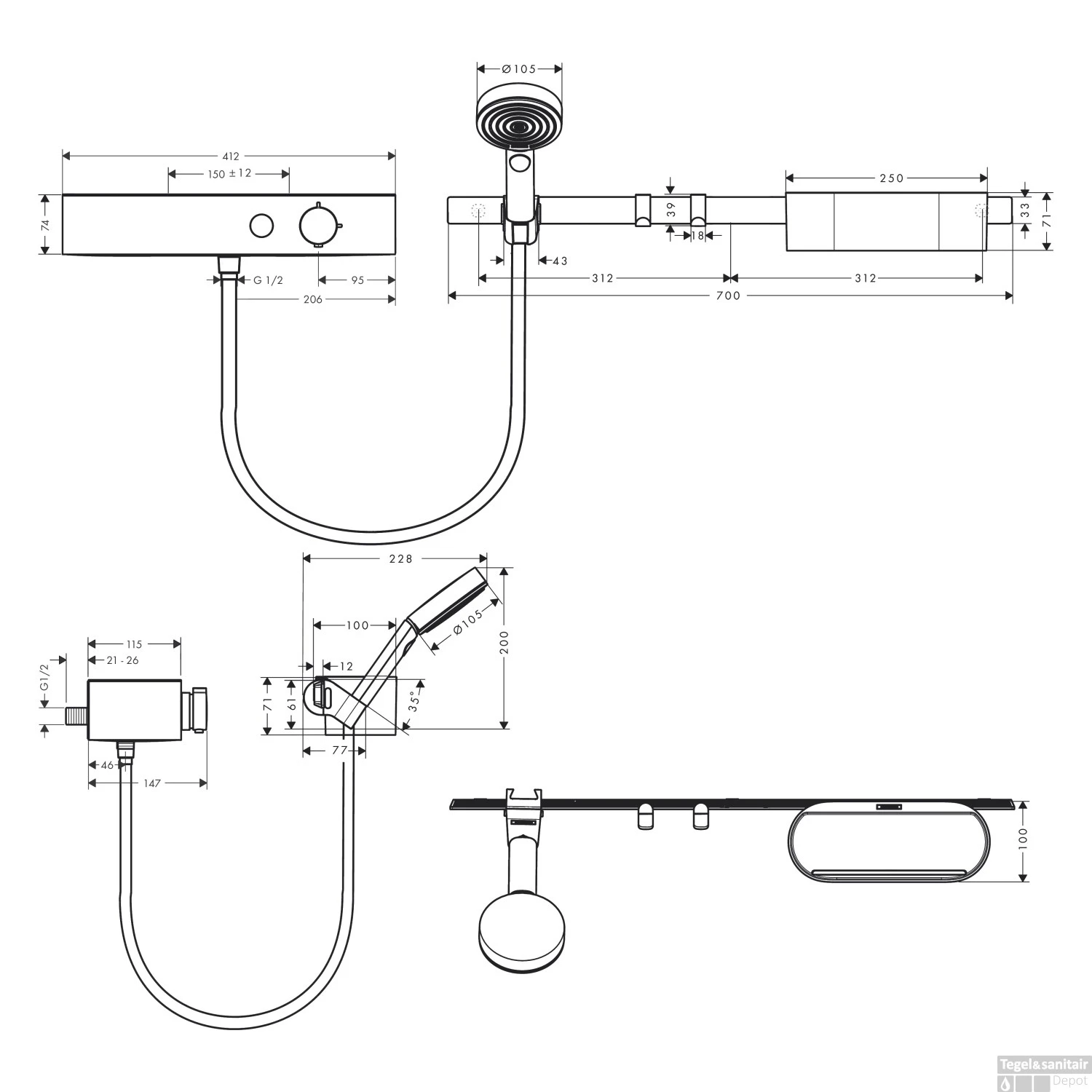 Bundelset Handdouche HansGrohe WallStoris Thermostaat Glijstang En Opbergset Mat Wit - Afbeelding 3