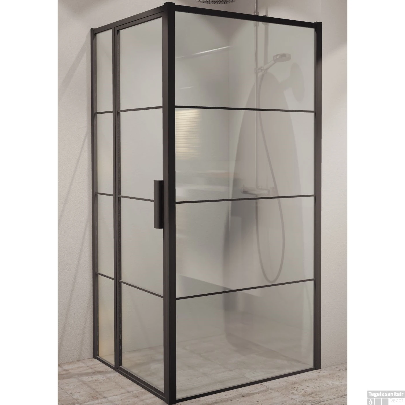 BWS Douchecabine Deur Frame Met Vast Paneel 89x200 Cm 8 Mm NANO Glas Mat Zwart Raster