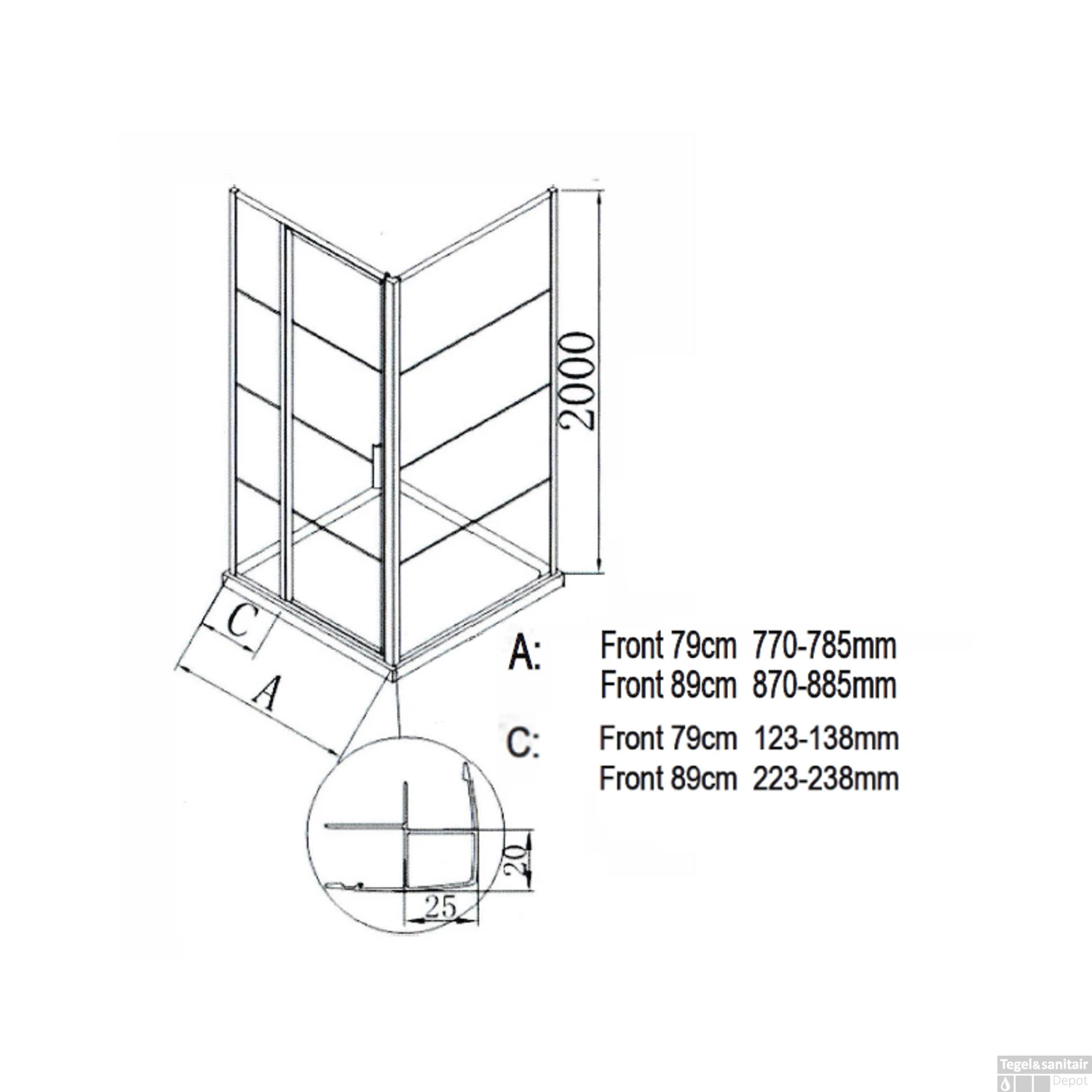 BWS Douchecabine Deur Frame Met Vast Paneel 89x200 Cm 8 Mm NANO Glas Mat Zwart Raster - Afbeelding 3