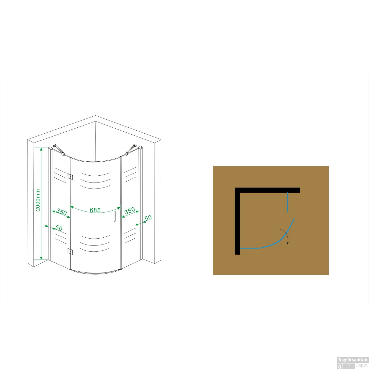 BWS Douchecabine | Kwartrond 90x90x200cm | 1 Deur Links | 8mm NANO Coating Glas - Afbeelding 8