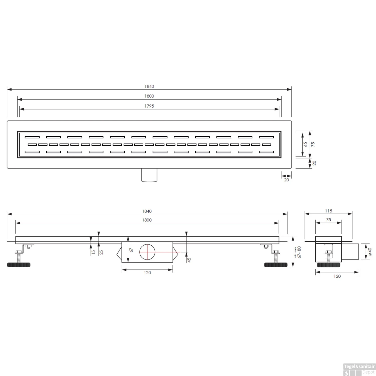 Douchegoot Brauer StanDrain 180x7 Cm Zwart Vloerflens Inclusief Kunststof Sifon Verstelbare Poten - Afbeelding 4