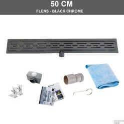 Zwarte Chromen RVS Douchegoot Flens Met Uitneembaar Sifon 50x7cm 6,7cm Diep BLACK CHROME ROOSTER