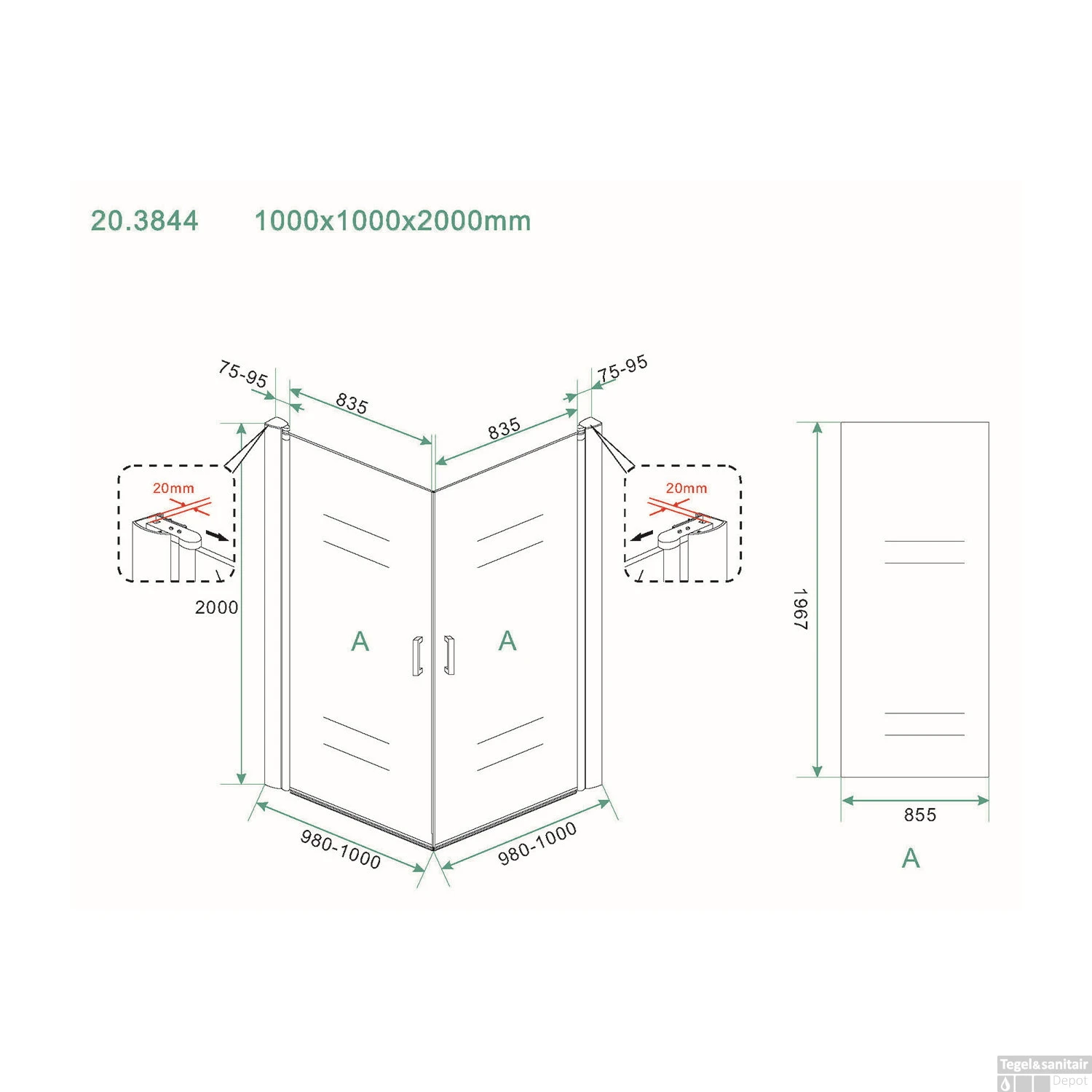 BWS Douchecabine Dubbele Swingdeur 100x100cm 8mm NANO Coating - Afbeelding 4
