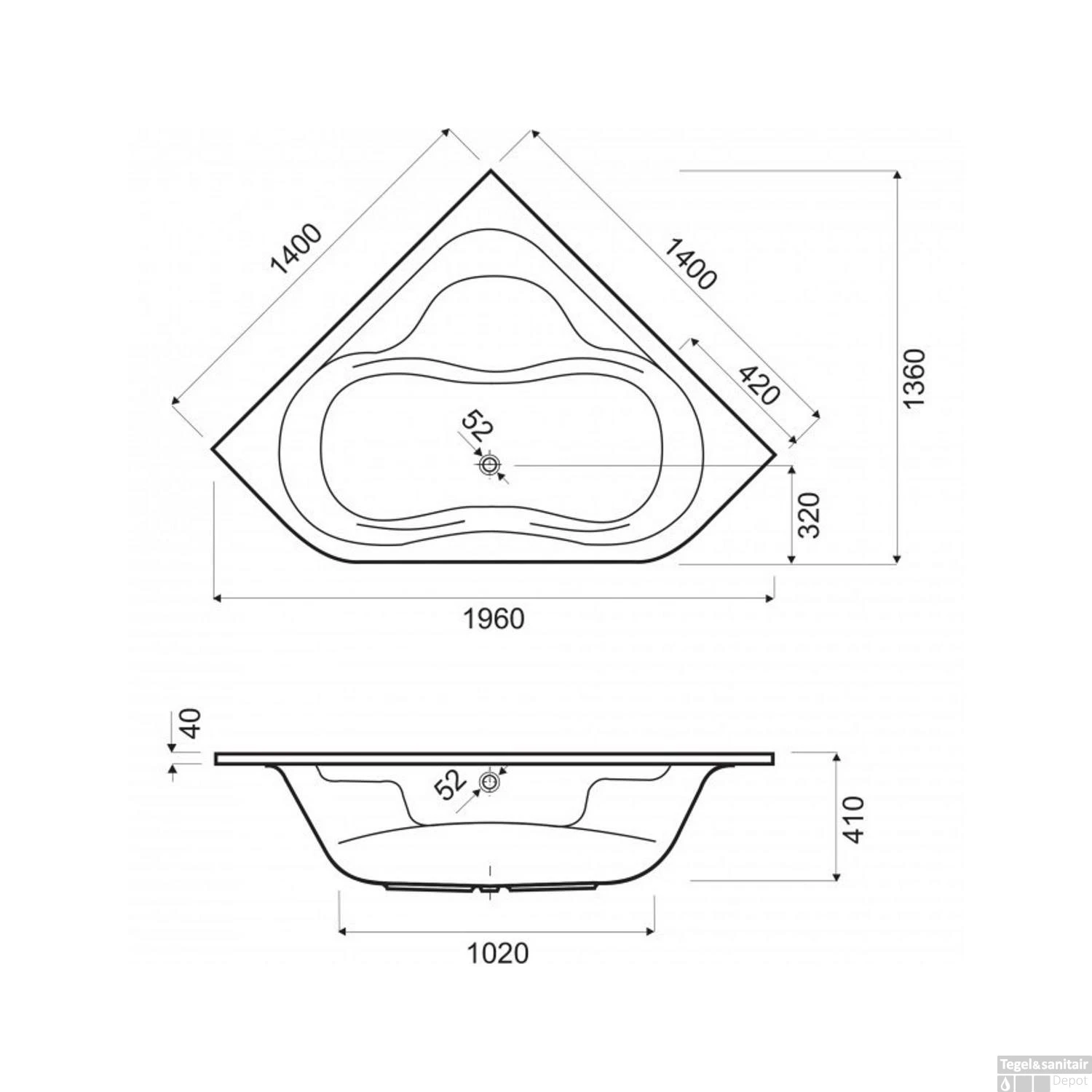 Inbouw Hoekbad Kwartrond Wisa Sali 140x140 Cm Wit - Afbeelding 2