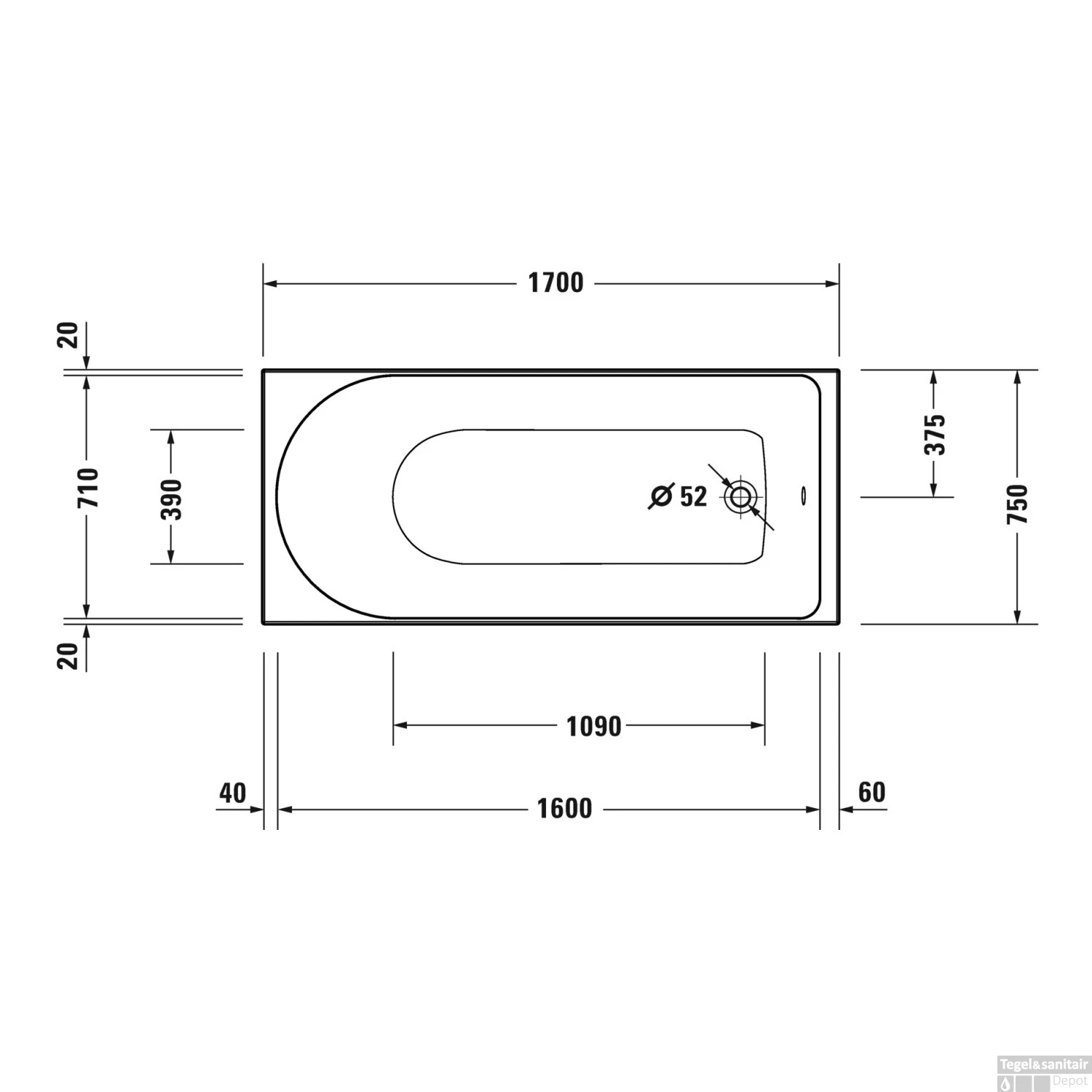 Ligbad Duravit D-Neo Inbouw 170x75x48.5 Cm Wit - Afbeelding 3
