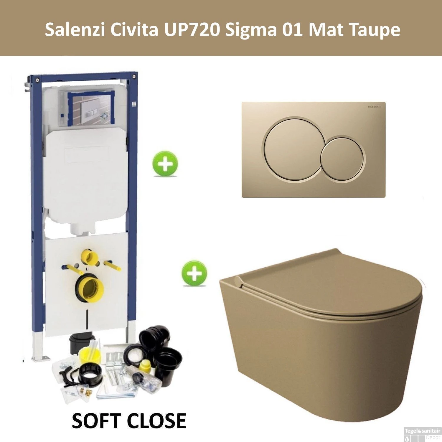 Geberit UP720 Toiletset Compleet | Inbouwreservoir | Salenzi Civita Mat Taupe | Met Drukplaat