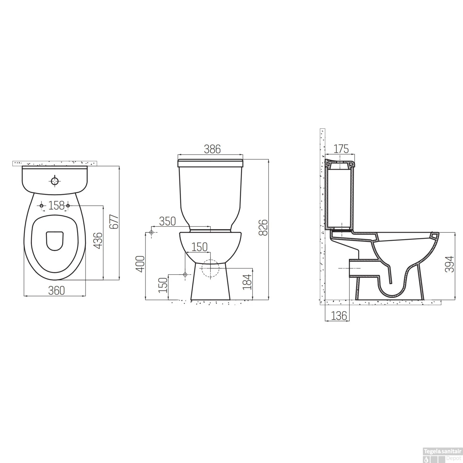 Toiletpot Staand Boss & Wessing Sedef Met Bidet Achter Aansluiting Wit (PK) - Afbeelding 2