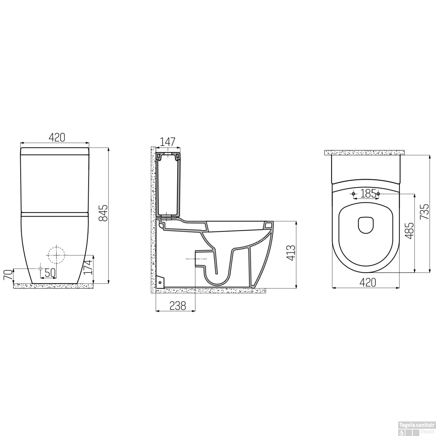 Toiletpot Staand Boss & Wessing Grande Met Bidet Onder En Muur Aansluiting Wit - Afbeelding 2