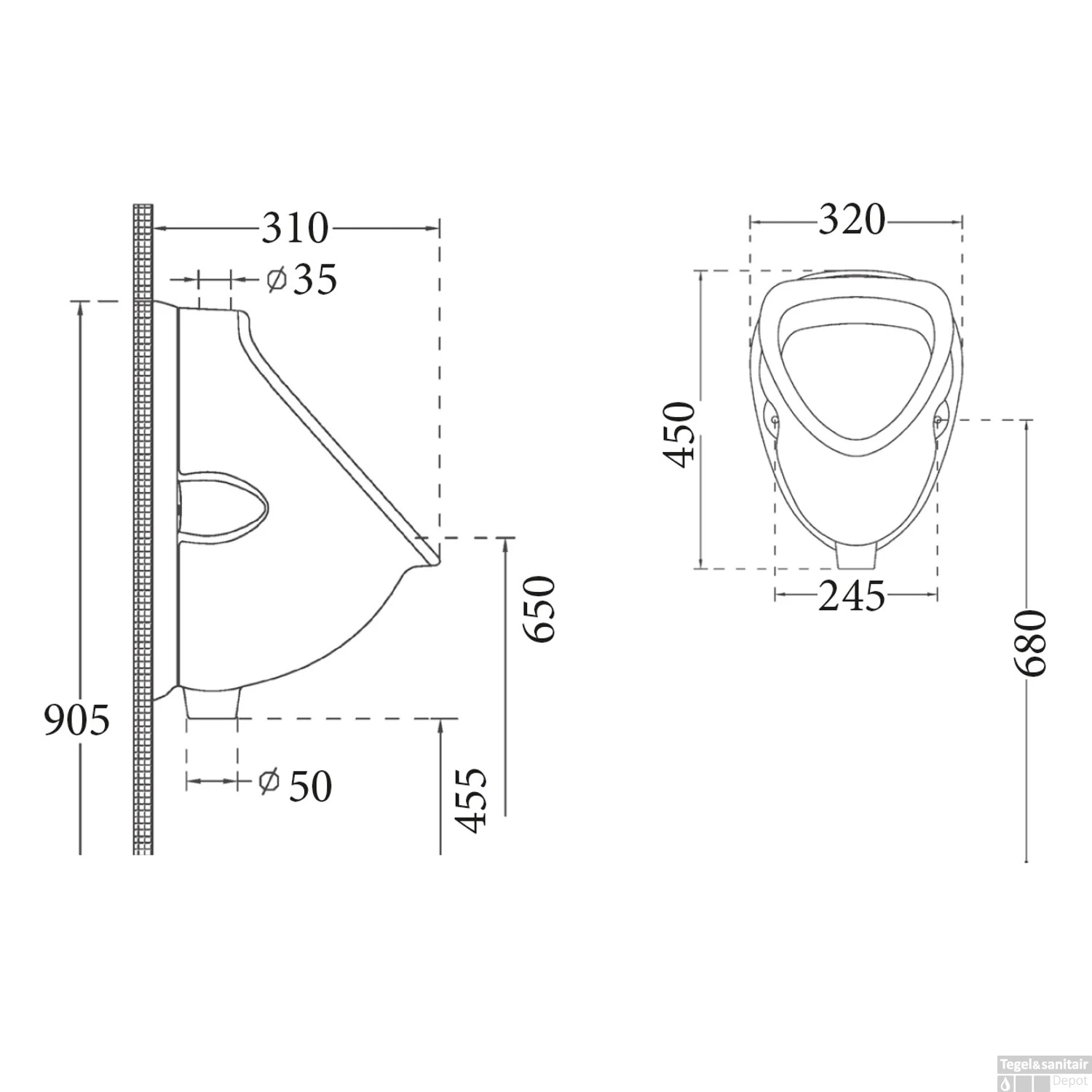 Urinoir Sanicare Witte Kleur Inclusief Boveninlaat En Onderafvoer 45x32x31 Cm - Afbeelding 4