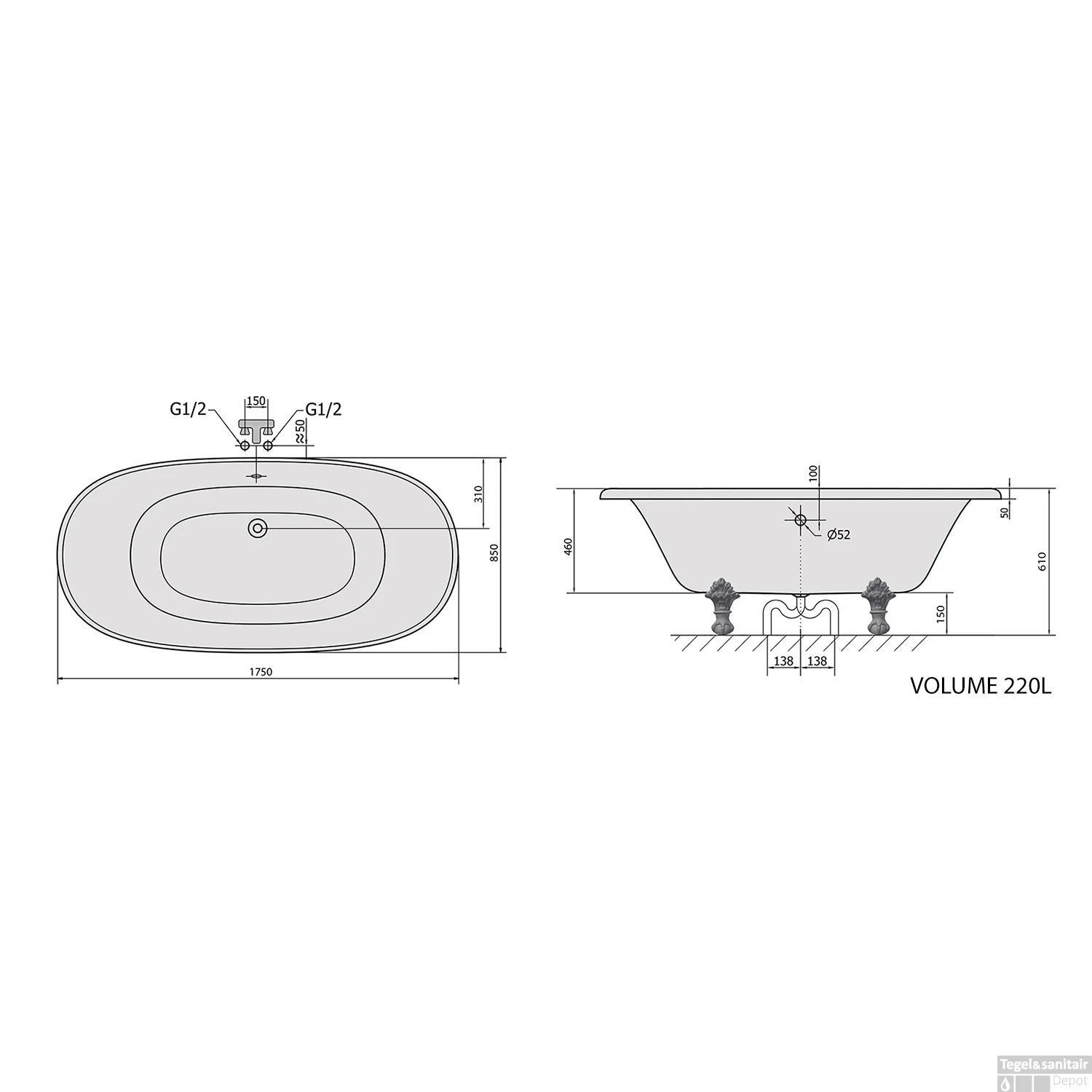 Vrijstaand Bad Sapho Regata 175x85x61 Cm Wit / Zwart Met Leeuwenpoten Brons - Afbeelding 6