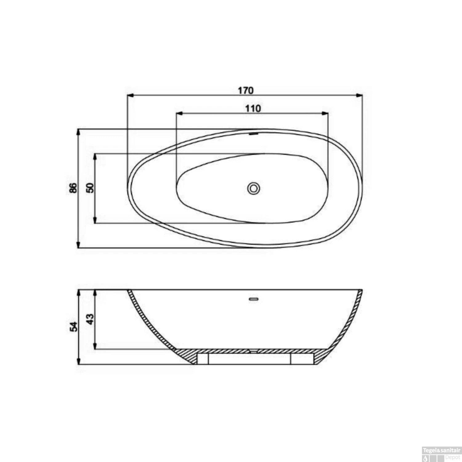 Vrijstaand Ligbad BWS Lusa 170x86x54 Cm Cast Marble Mat Zwart - Afbeelding 4